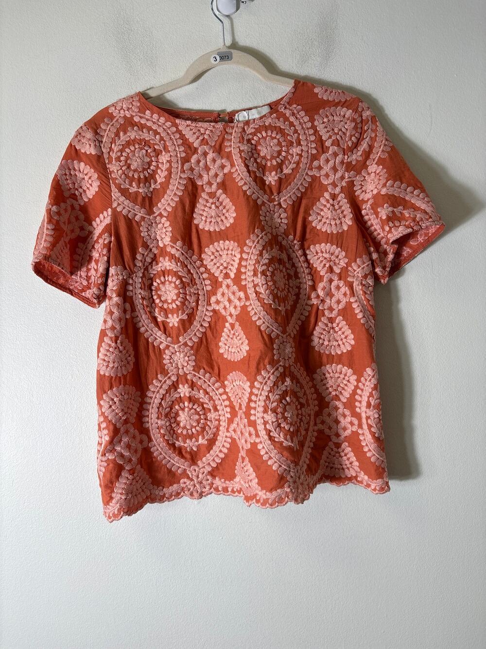 eri + ali Orange Embroidered Short Sleeve Cotton Shirt Sz S